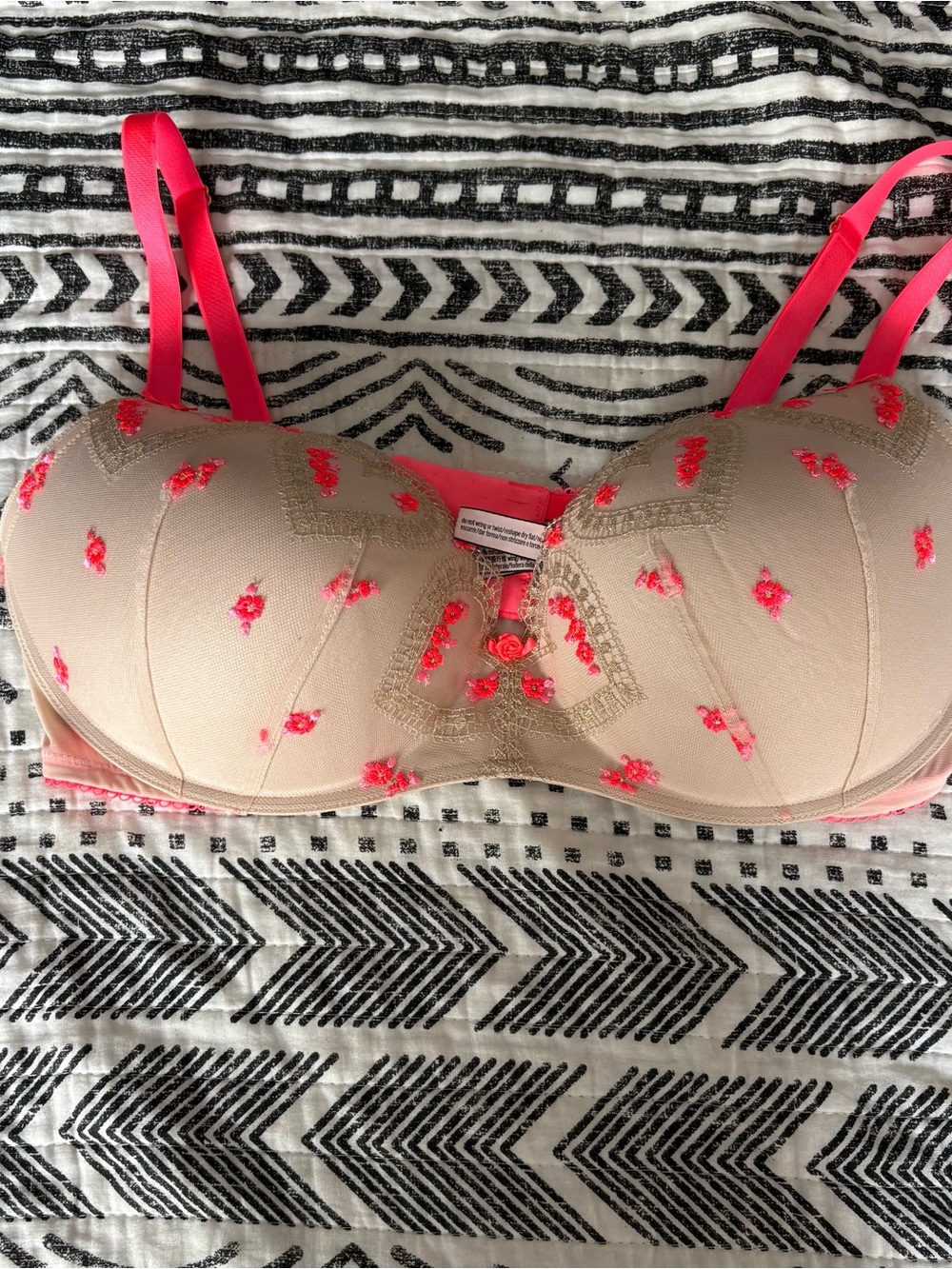 Victoria's Secret Nude Bra with Hot Pink Embroidery